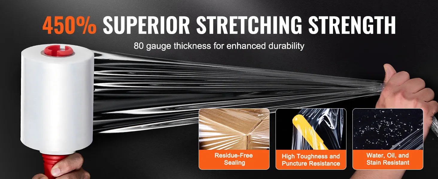 450% superior stretching VEVOR stretch film with 80 gauge thickness, residue-free sealing, puncture resistance.