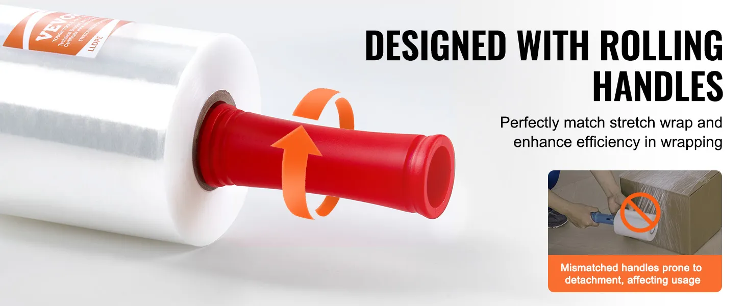 VEVOR stretch film with rolling handles designed for efficient wrapping and improved handle compatibility.
