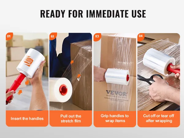 steps to use VEVOR stretch film: insert handles, pull out film, wrap items, cut or tear the film.