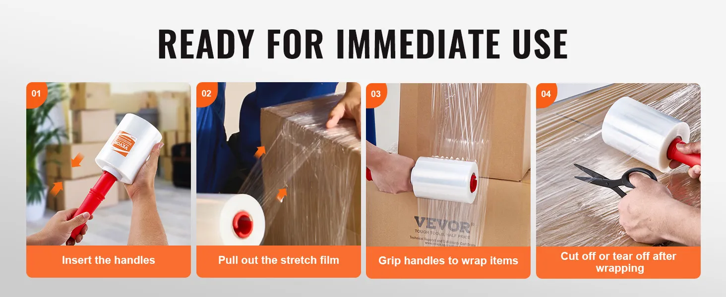 steps to use VEVOR stretch film: insert handles, pull out film, wrap items, cut or tear the film.