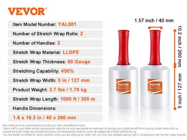 VEVOR stretch film details: 2 rolls, 80 gauge, 5 in width, 1000 ft length, 450% stretchability, 2 handles.