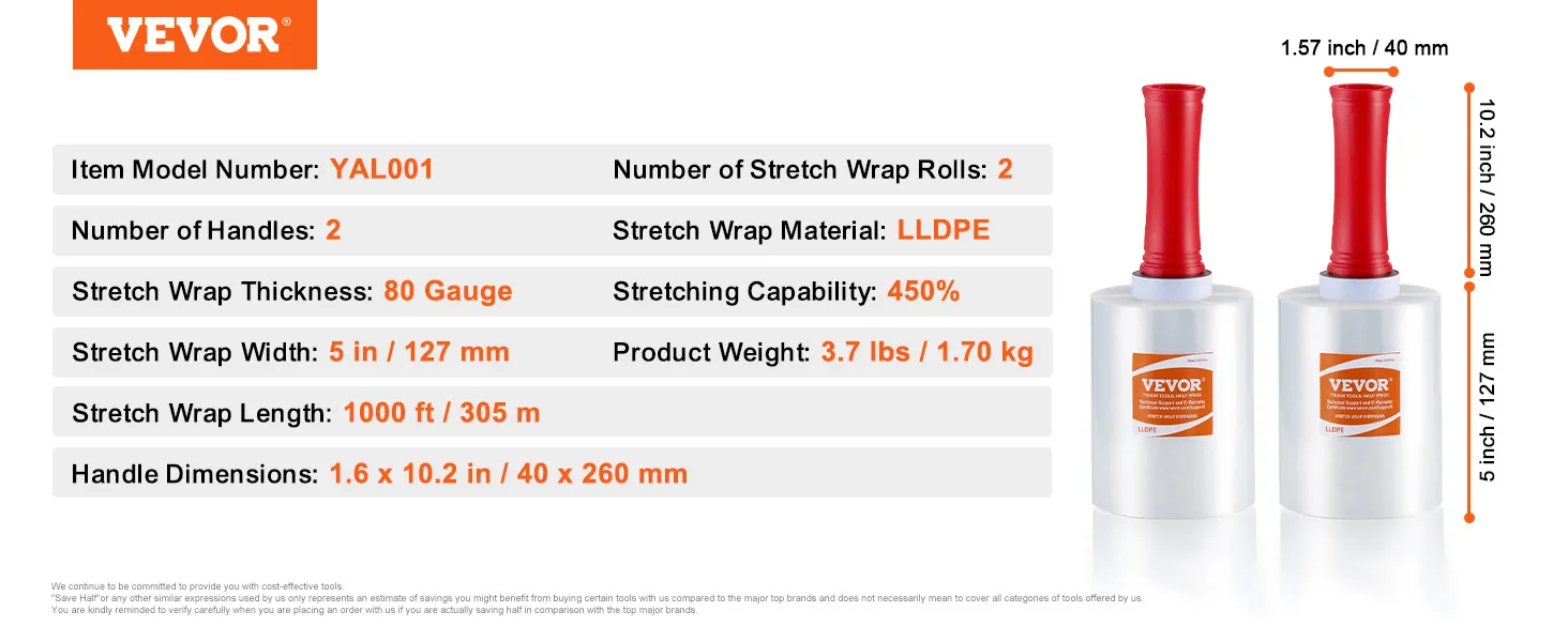 VEVOR stretch film details: 2 rolls, 80 gauge, 5 in width, 1000 ft length, 450% stretchability, 2 handles.
