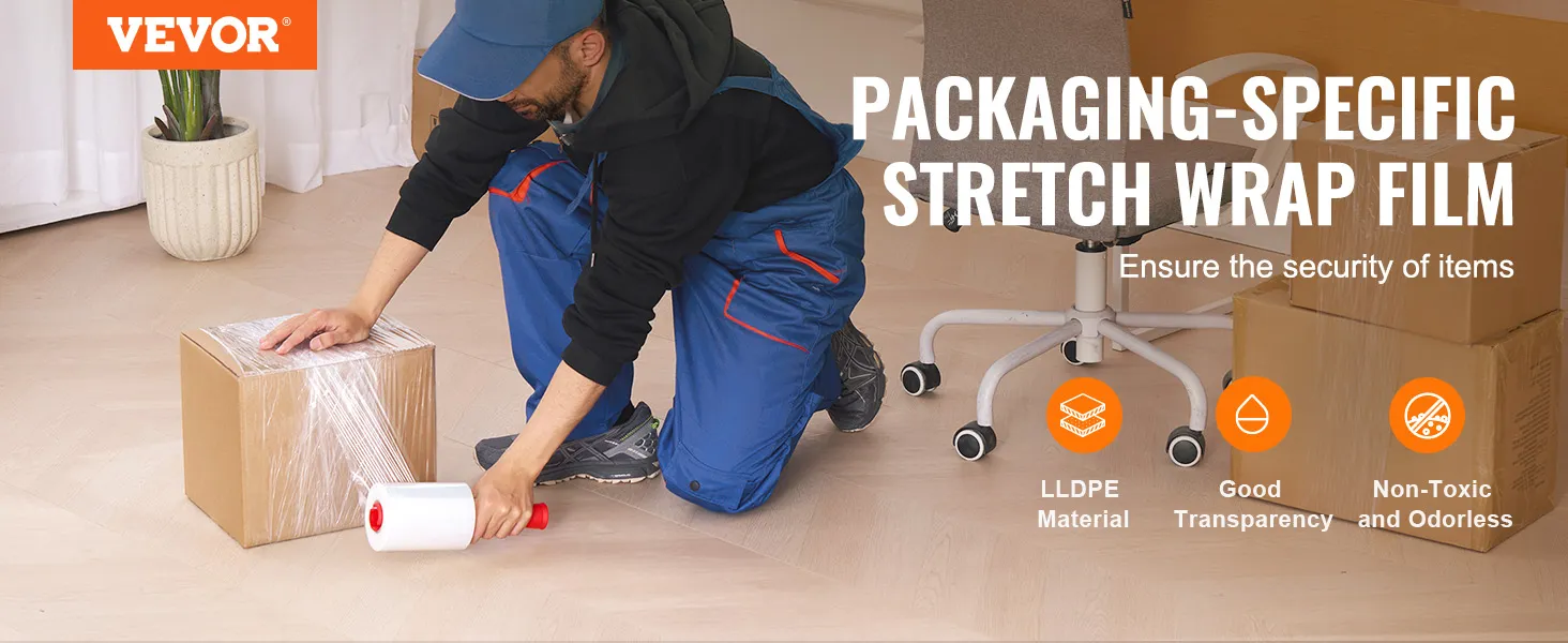 person wrapping a cardboard box with VEVOR stretch film, showcasing packaging security features.