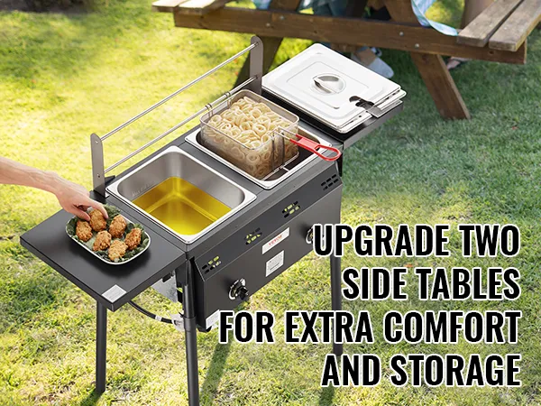 VEVOR Outdoor Propane Deep Fryer, Double Burners Commercial Fryer, 16 Qt Stainless Steel Cooker with Removable Baskets & Lids & Tanks, Oil Fryer Cart with Thermometer & Regulator, For Outdoor Cooking