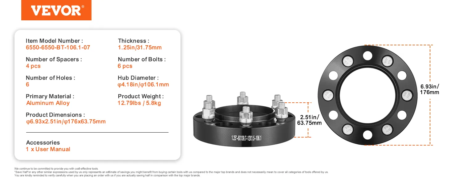 Kenmerken van VEVOR-wielspacers: 17,5 cm diameter, 3 cm dik, 6 gaten, aluminiumlegering, 5,71 kg, 4 stuks.