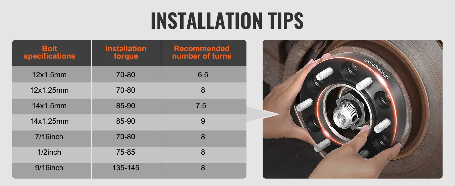 Installatietips voor VEVOR-wielspacers, boutspecificaties, koppel en aanbevolen draaimomenten.
