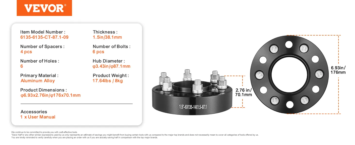 VEVOR wheel spacers details: 4 pcs, aluminum alloy, 6 holes, 1.5in thickness, 6.93in diameter.