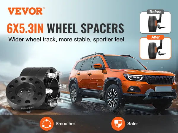 VEVOR wheel spacers showcasing 6x5.3in spacers with an orange suv on a wet, rugged road for stability.