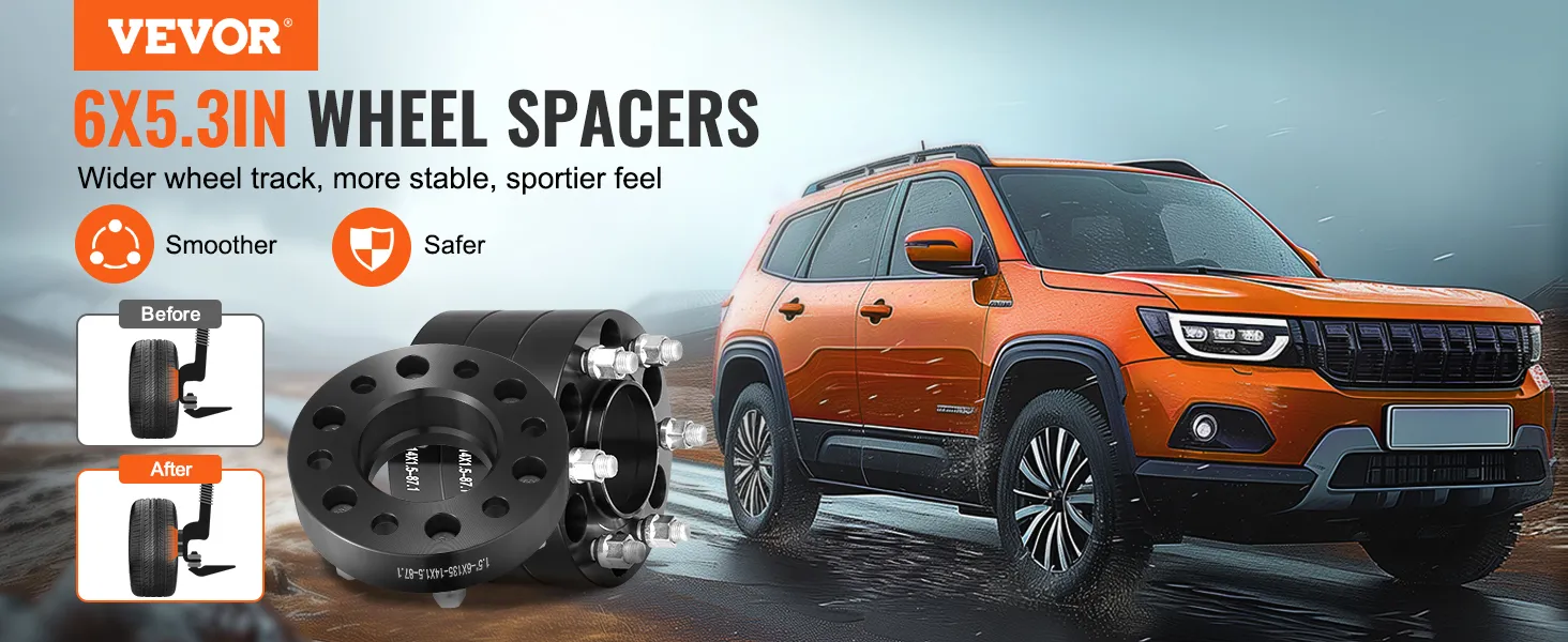 VEVOR wheel spacers showcasing 6x5.3in spacers with an orange suv on a wet, rugged road for stability.