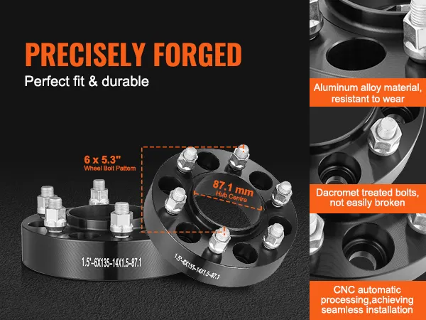 VEVOR wheel spacers, 87.1mm hub center, 6 x 5.3" bolt pattern, aluminum alloy, dacromet bolts.