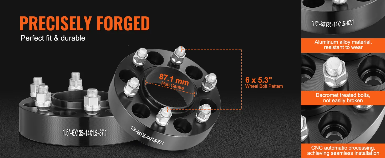 VEVOR wheel spacers, 87.1mm hub center, 6 x 5.3" bolt pattern, aluminum alloy, dacromet bolts.