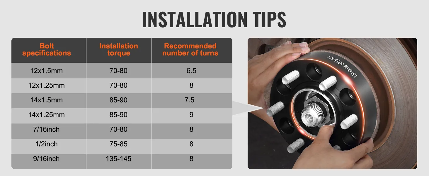installation guide for VEVOR wheel spacers with bolt specs, torque values, and recommended turns.