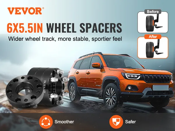 VEVOR-wielspacers van 6x5,5 inch verbeteren de stabiliteit, veiligheid en het sportieve gevoel van een oranje SUV op ruig terrein.