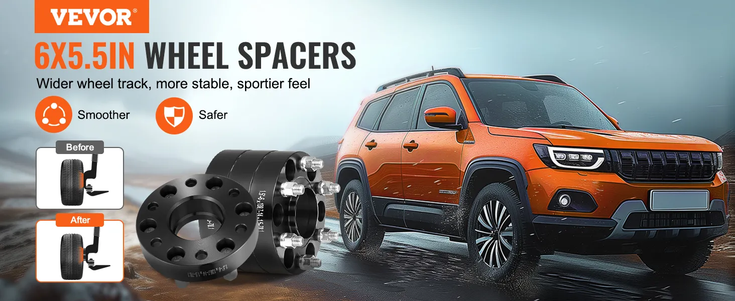 VEVOR-wielspacers van 6x5,5 inch verbeteren de stabiliteit, veiligheid en het sportieve gevoel van een oranje SUV op ruig terrein.