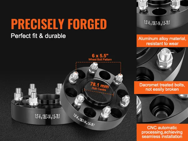 VEVOR wielspacers, nauwkeurig gesmeed, aluminiumlegering, 78,1 mm naaf, 6 x 5,5" boutpatroon, duurzaam.