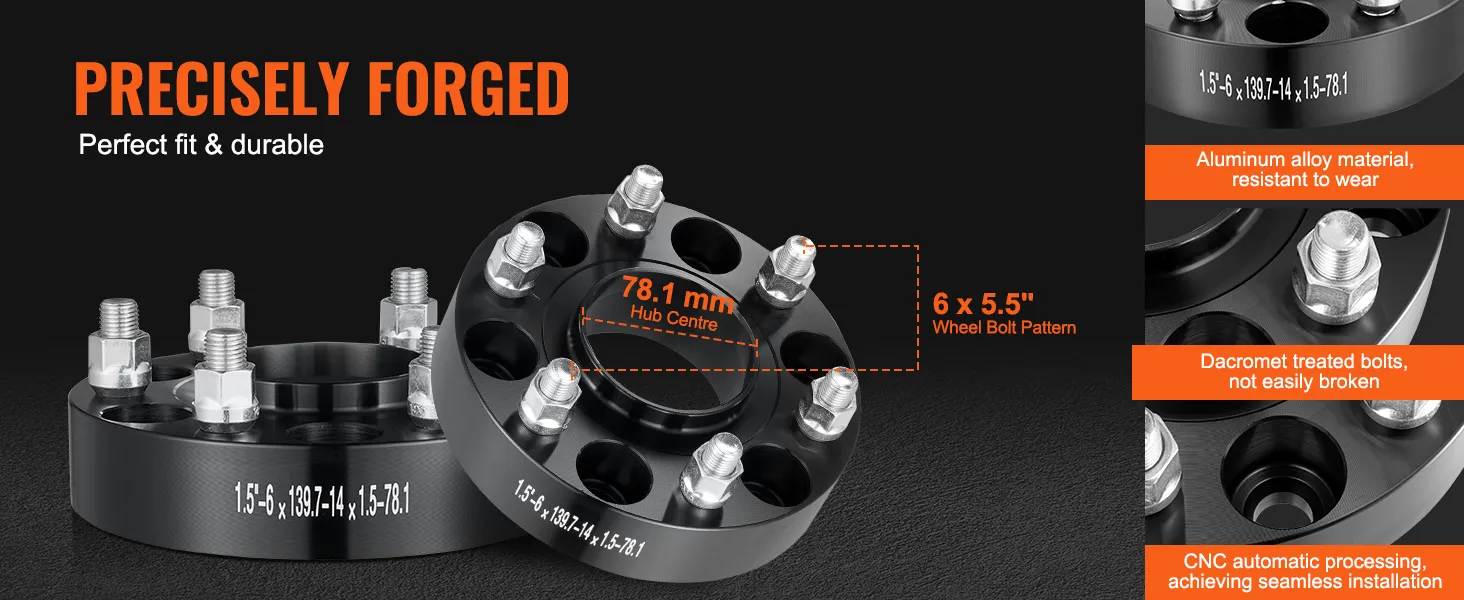 VEVOR wielspacers, nauwkeurig gesmeed, aluminiumlegering, 78,1 mm naaf, 6 x 5,5" boutpatroon, duurzaam.