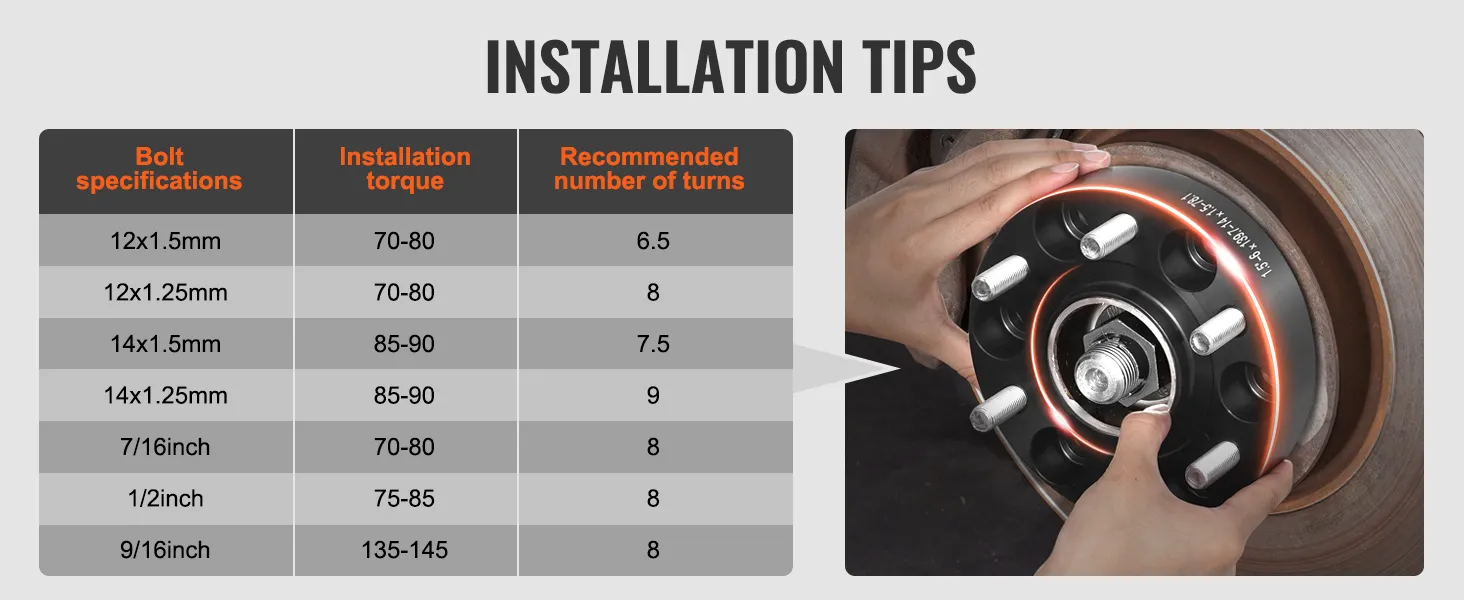 installatietips voor VEVOR-wielafstandhouders met boutspecificaties, aanhaalmomenten en aanbevolen draaimomenten.