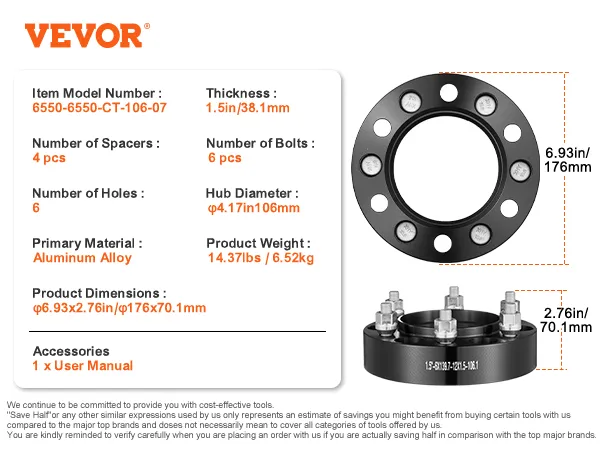 VEVOR wheel spacers, aluminum alloy, 1.5in thickness, 6 holes, detailed specifications.