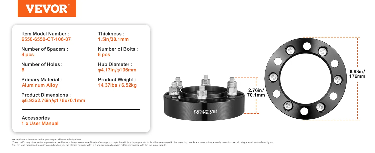 VEVOR wheel spacers, aluminum alloy, 1.5in thickness, 6 holes, detailed specifications.
