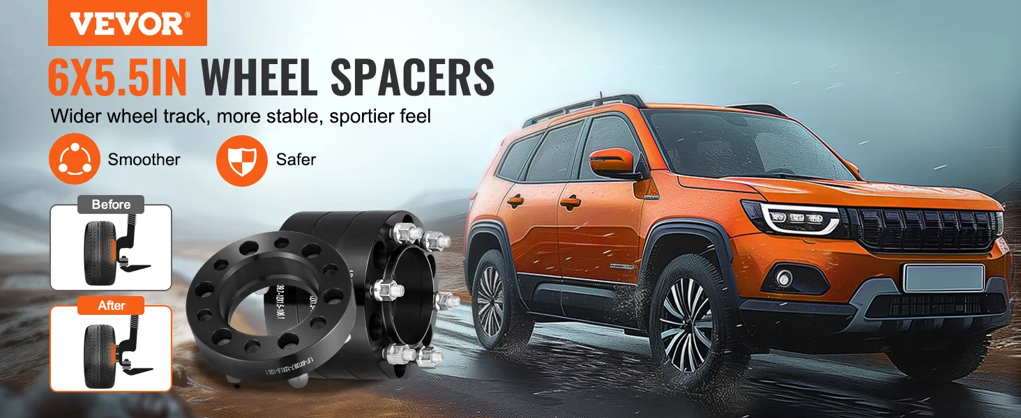 VEVOR wheel spacers 6x5.5in for a smoother, safer ride with a wider wheel track on an orange suv.
