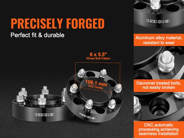 VEVOR wheel spacers, precisely forged, 106.1mm hub centre, aluminum alloy, 6x5.5" bolt pattern.