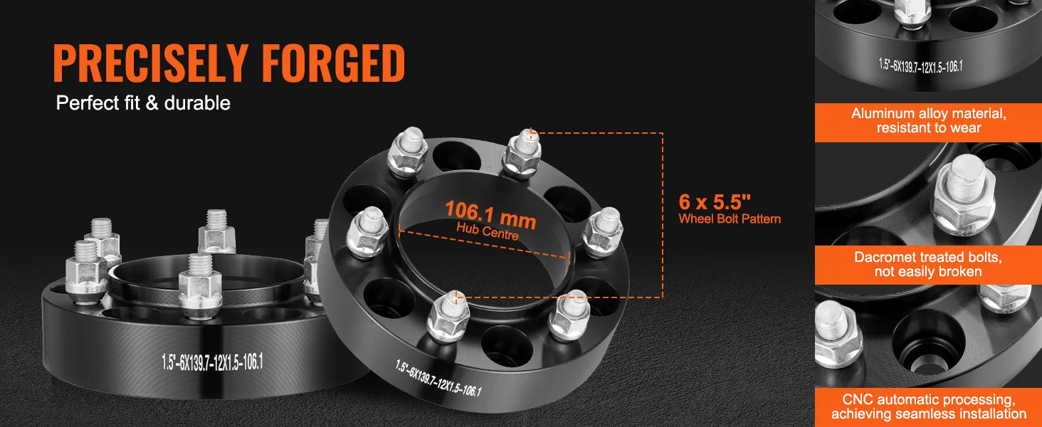 VEVOR wheel spacers, precisely forged, 106.1mm hub centre, aluminum alloy, 6x5.5" bolt pattern.