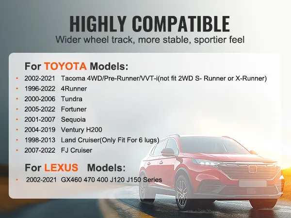 toyota and lexus models list with a red car side view, VEVOR wheel spacers compatibility info.