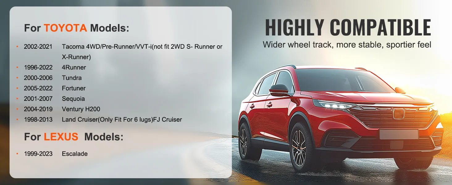 toyota and lexus models list with a red car side view, VEVOR wheel spacers compatibility info.