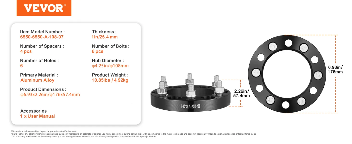 VEVOR wheel spacers, 1-inch thick, aluminum alloy, 6 bolts, model 6550-6550-a-108-07, 4 pcs.