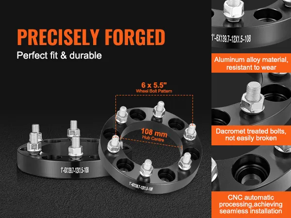 precisely forged VEVOR wheel spacers, 108mm hub centre, aluminum alloy, dacromet treated bolts.