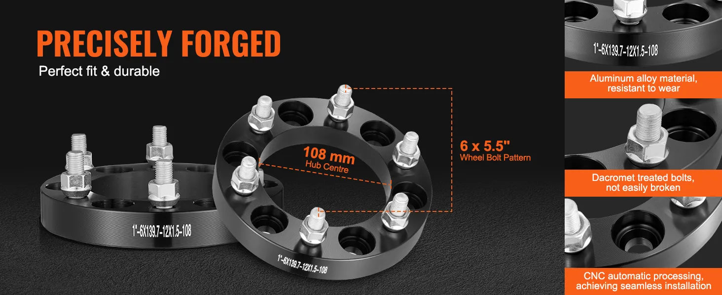 precisely forged VEVOR wheel spacers, 108mm hub centre, aluminum alloy, dacromet treated bolts.