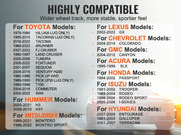 VEVOR wheel spacers compatibility chart for toyota, hummer, mitsubishi, lexus, chevrolet, gmc, and more.