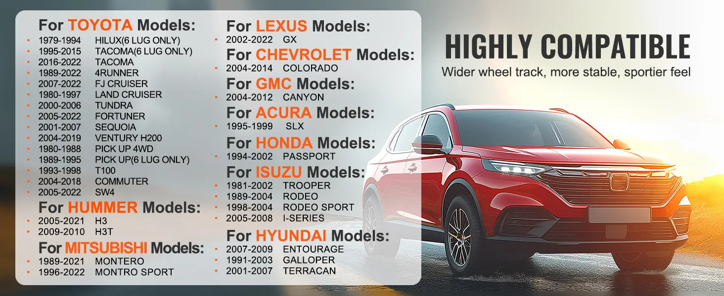 VEVOR wheel spacers compatibility chart for toyota, hummer, mitsubishi, lexus, chevrolet, gmc, and more.