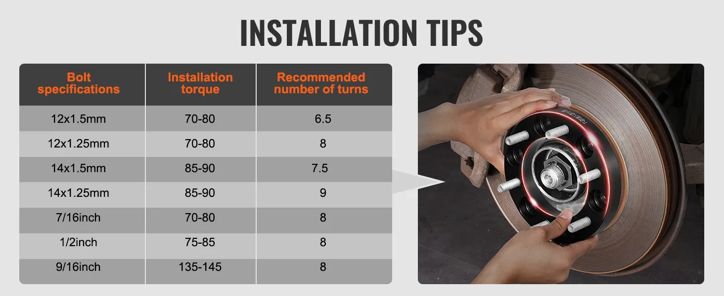 VEVOR installation tips for bolt specifications, torque, and recommended turns.