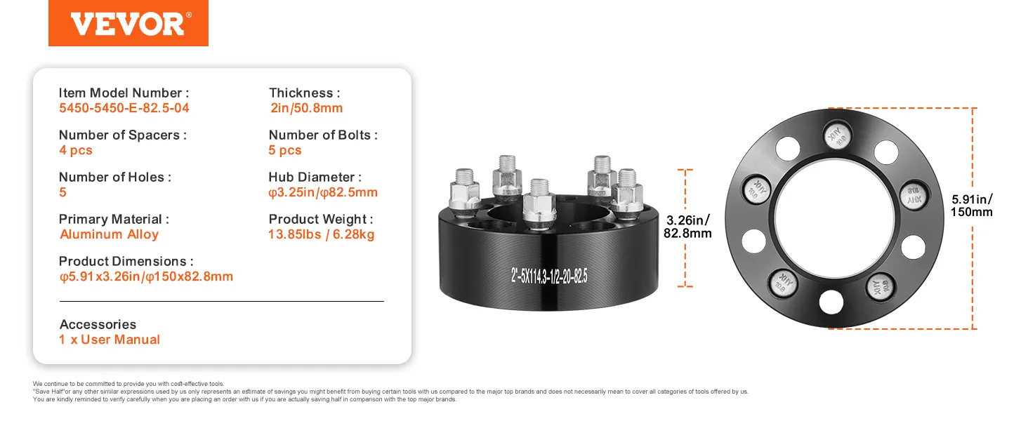 VEVOR wheel spacers, aluminum alloy, 2in thick, 5 holes, 4 spacers, 5 bolts, 13.85lbs, dimensions 5.91x3.26in.