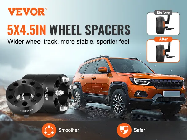 VEVOR wheel spacers 5x4.5in on orange suv showcasing wider, stable track for a sportier feel.