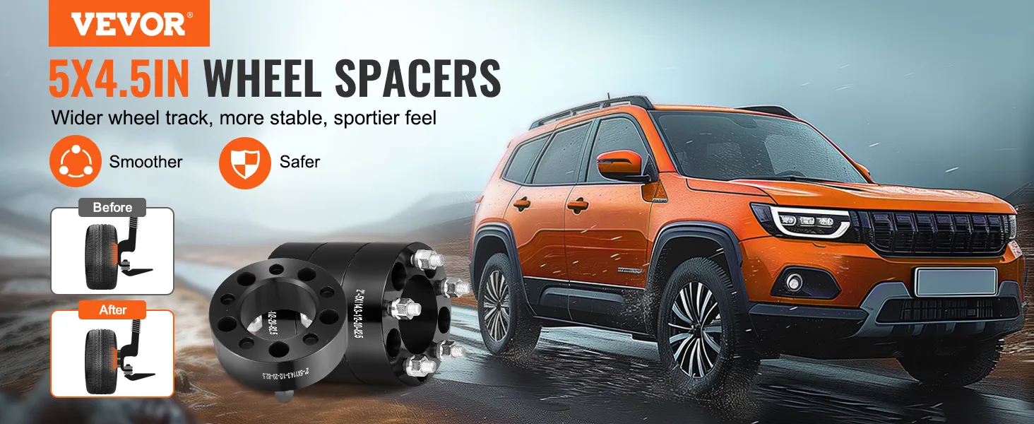 VEVOR wheel spacers 5x4.5in on orange suv showcasing wider, stable track for a sportier feel.