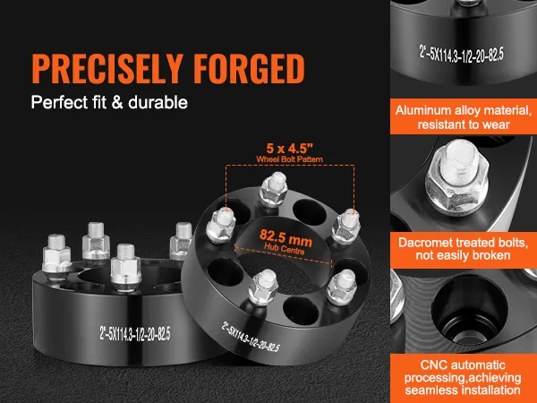 precisely forged VEVOR wheel spacers, 5 x 5.4" bolt pattern, 82.5 mm hub centre, durable aluminum alloy.
