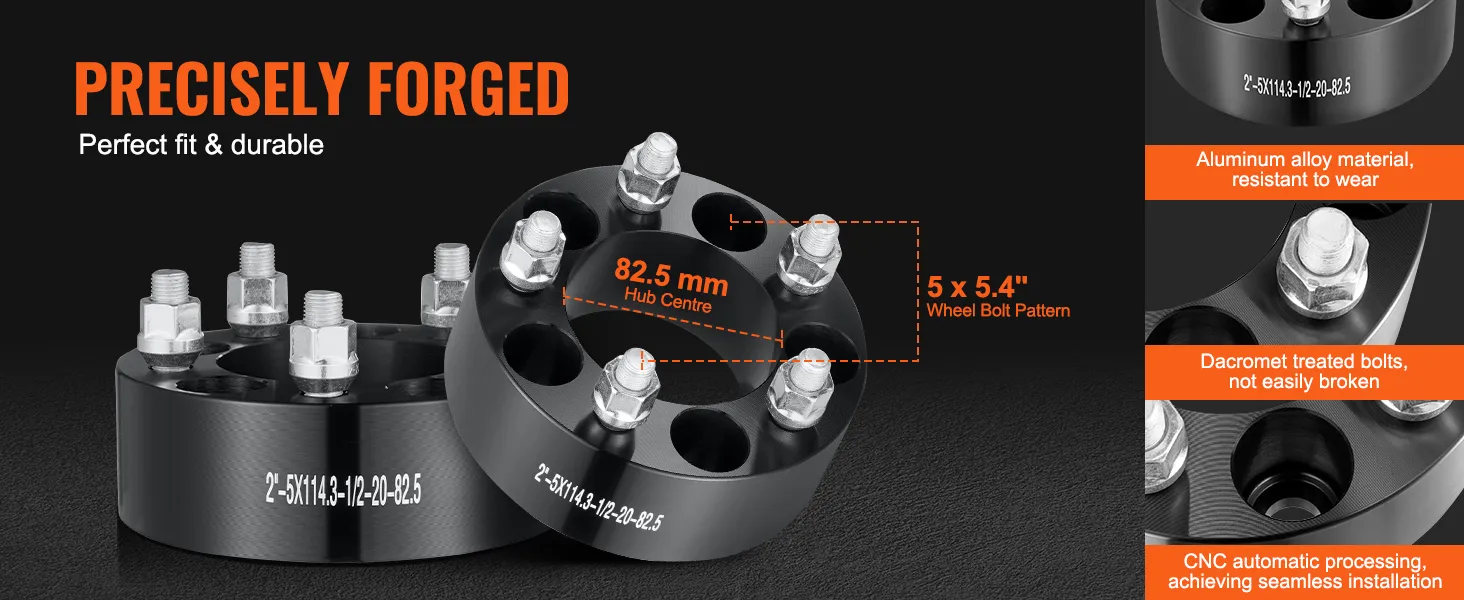 precisely forged VEVOR wheel spacers, 5 x 5.4" bolt pattern, 82.5 mm hub centre, durable aluminum alloy.