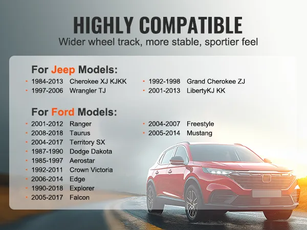 highly compatible VEVOR wheel spacers for jeep and ford models, showcasing a red suv on a scenic road.