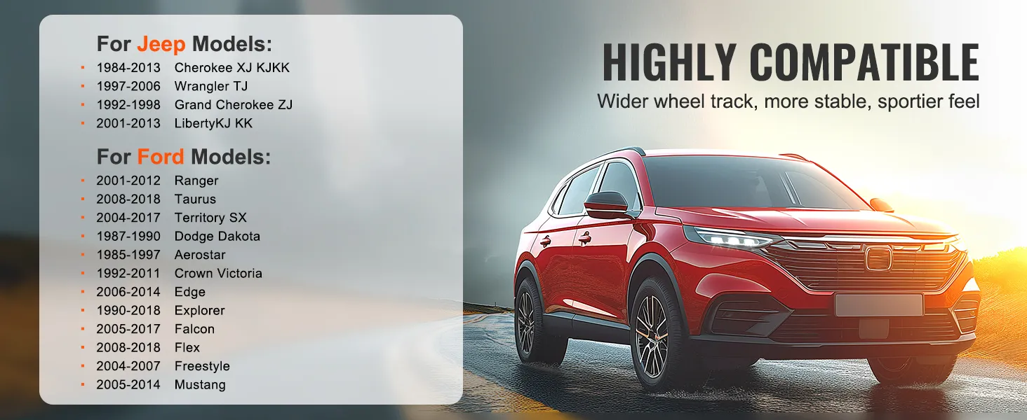 highly compatible VEVOR wheel spacers for jeep and ford models, showcasing a red suv on a scenic road.