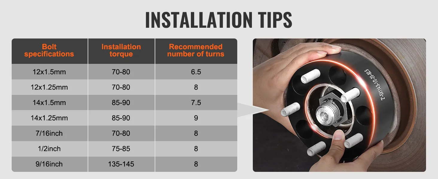 installation tips for VEVOR wheel spacers: bolt specs, installation torque, and recommended turns.