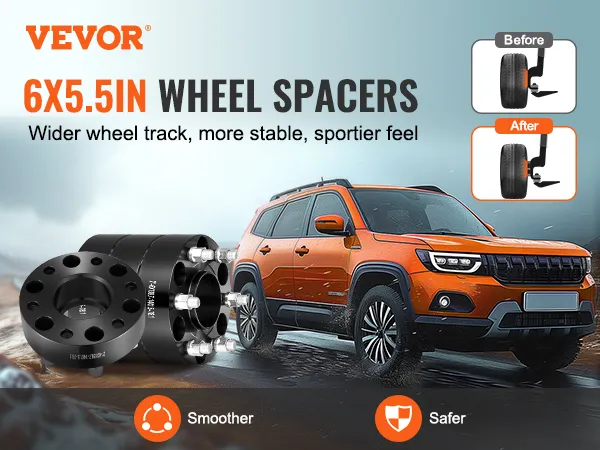 VEVOR wheel spacers 6x5.5in for wider wheel track, stability, and a sportier feel, shown on orange suv.