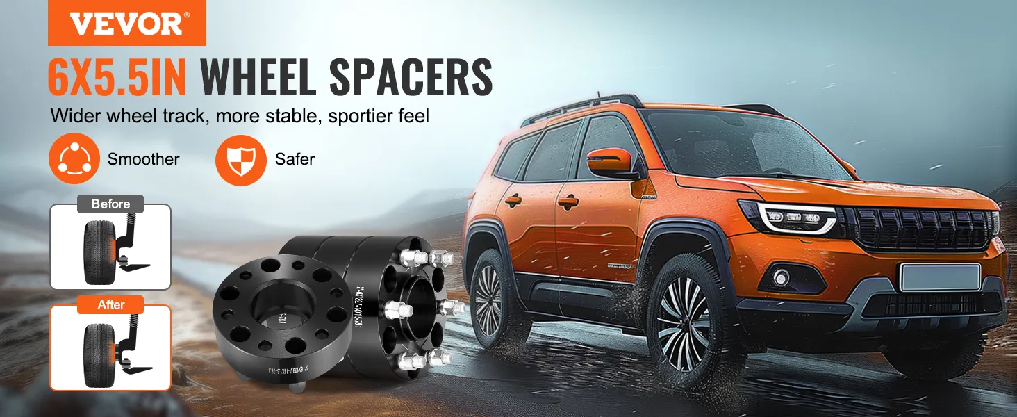 VEVOR wheel spacers 6x5.5in for wider wheel track, stability, and a sportier feel, shown on orange suv.