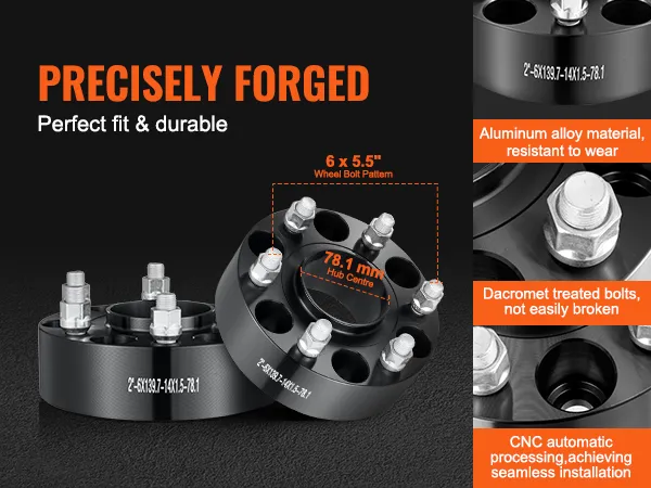 VEVOR wheel spacers with precisely forged 78.1 mm hub center, 6 x 5.5" bolt pattern, and durable materials.