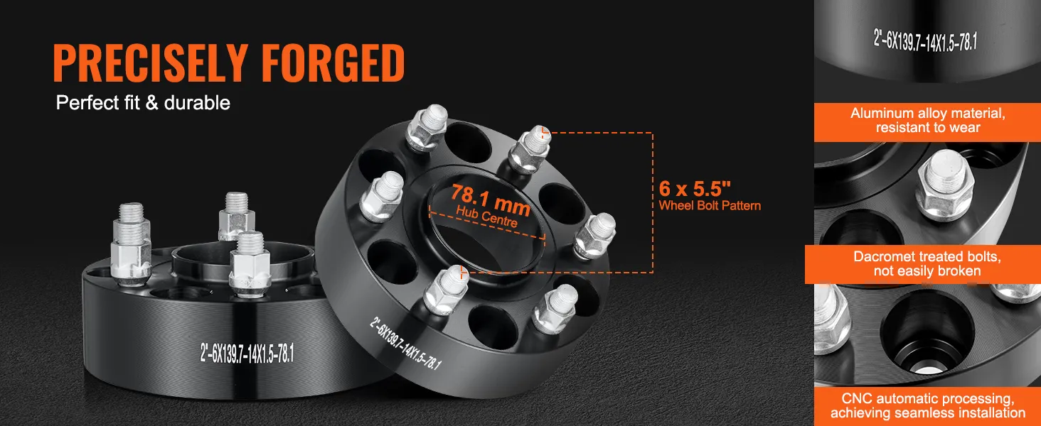 VEVOR wheel spacers with precisely forged 78.1 mm hub center, 6 x 5.5" bolt pattern, and durable materials.
