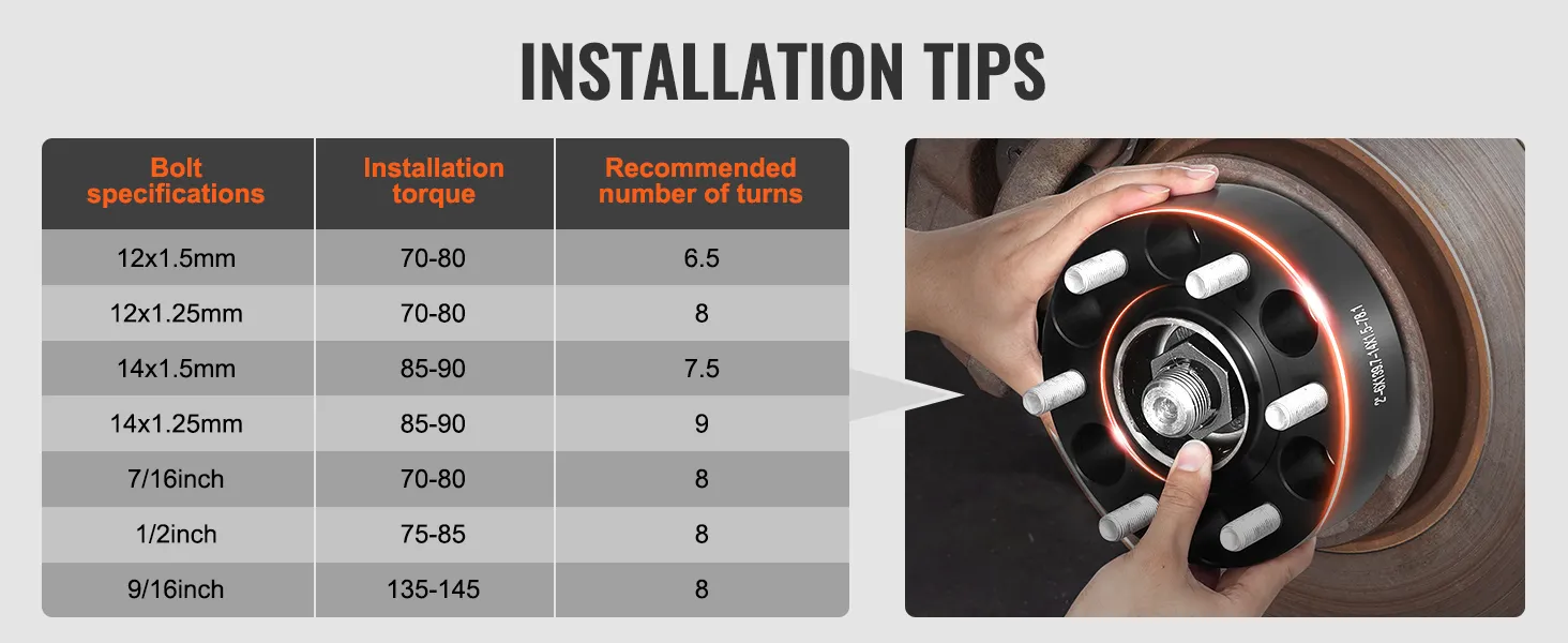 VEVOR wheel spacers installation tips with bolt specifications, torque values, and recommended turns.