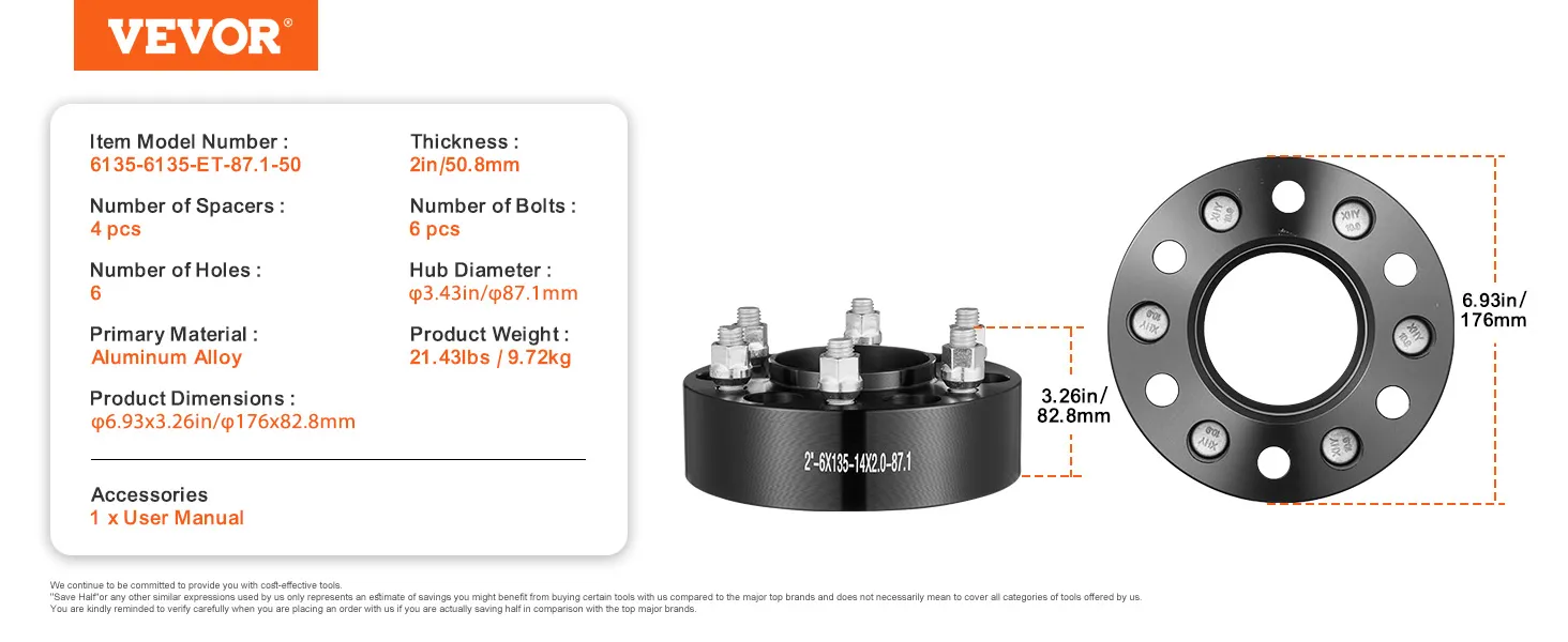 VEVOR wheel spacers specs: aluminum alloy, 6 holes, 2in thickness, 4 pcs, 6.93in diameter, 3.26in tall.
