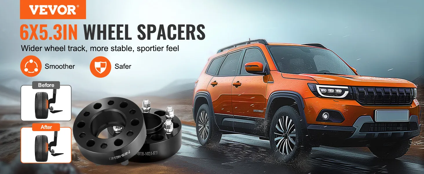 VEVOR wheel spacers, 6x5.3in, with orange suv, enhance stability and sporty look.