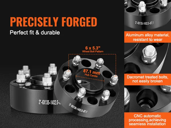 VEVOR wheel spacers, aluminum alloy, 87.1 mm hub center, 6x5.3" bolt pattern, durable cnc finish.